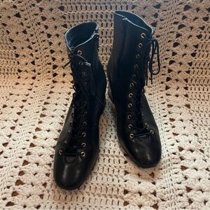 La Redoute Black Leather w/Gold Eyelets Lace-Up & Zip Boots Size 38 - US Size 8